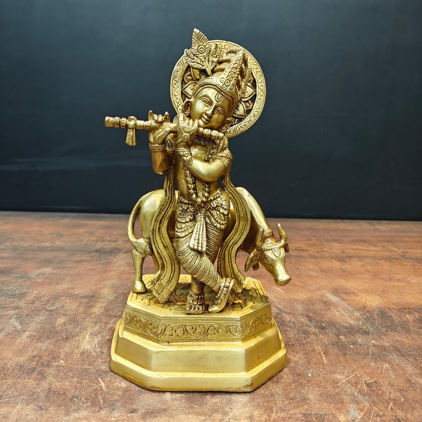 Brass Krishna Idol With Cow 10 Inch