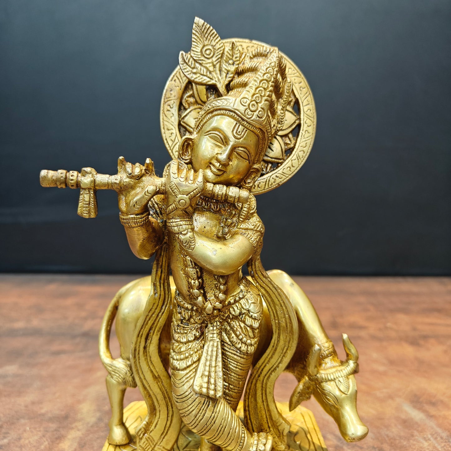 Brass Krishna Idol With Cow 10 Inch