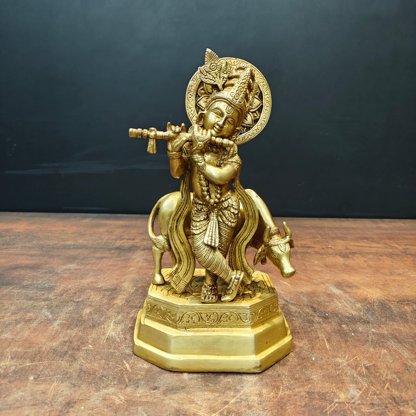 Brass Krishna Idol With Cow 10 Inch