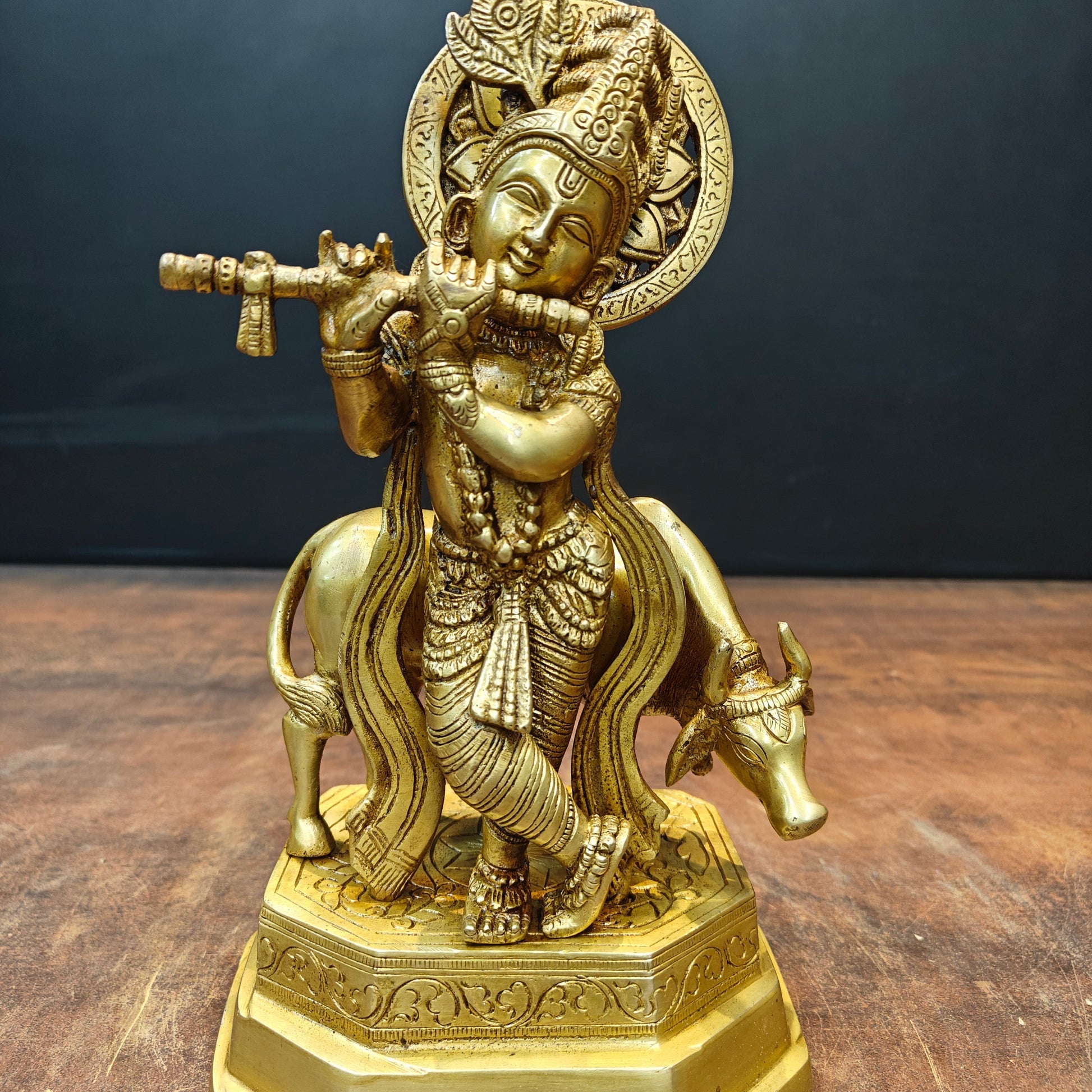 Brass Krishna Idol With Cow 10 Inch - Image 5