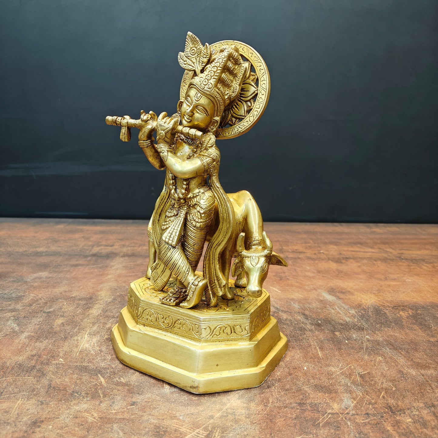 Brass Krishna Idol With Cow 10 Inch