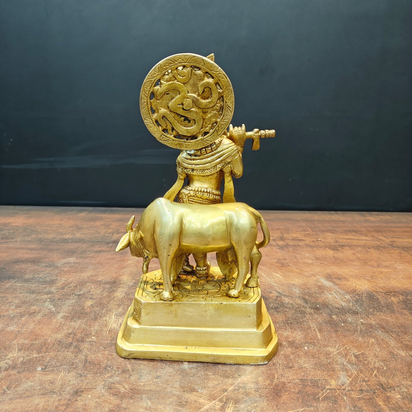 Brass Krishna Idol With Cow 10 Inch