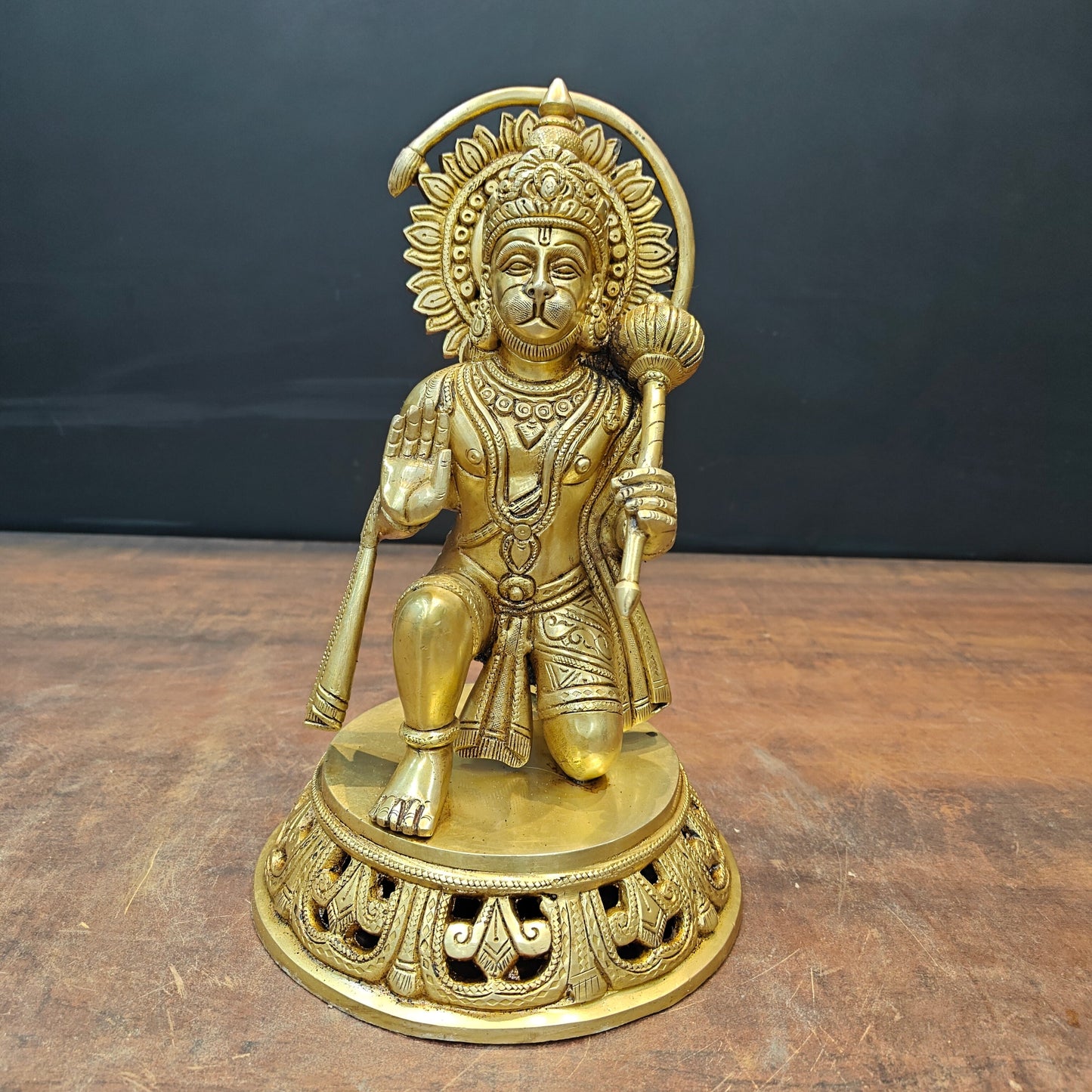 Brass Blessing Hanuman Idol Sitting On Base 11 Inch