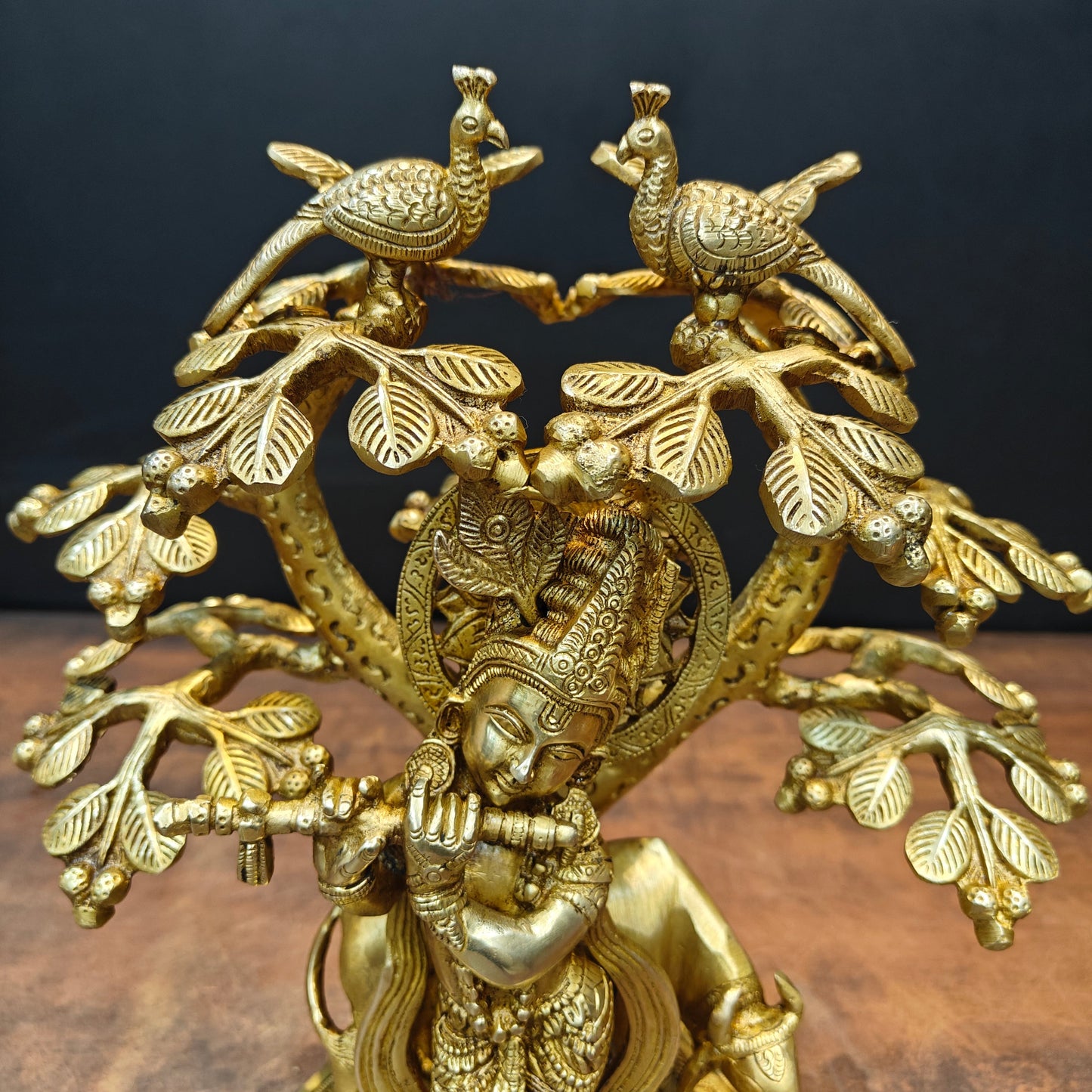 Brass Krishna Idol With Cow Under Kadamba Tree 14 Inch