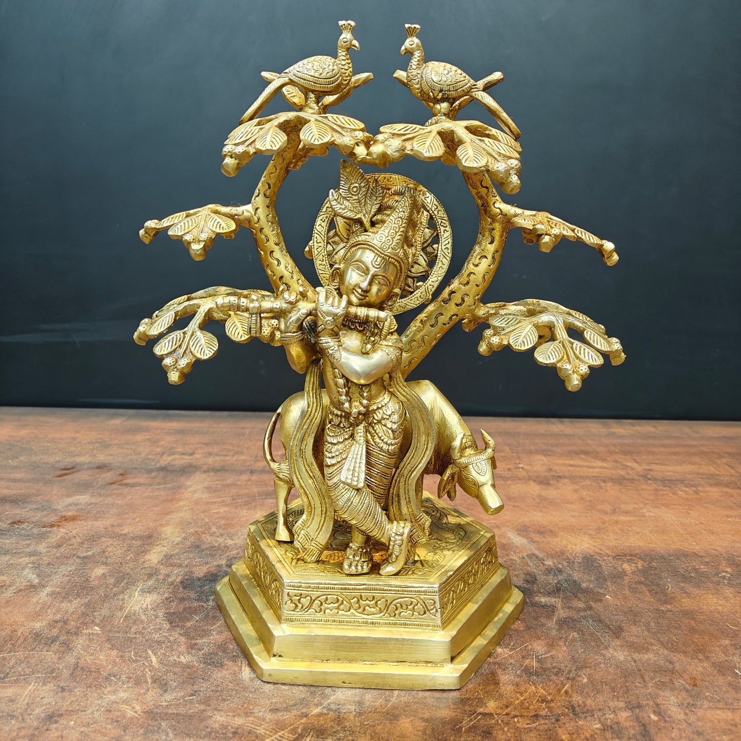 Brass Krishna Idol With Cow Under Kadamba Tree 14 Inch