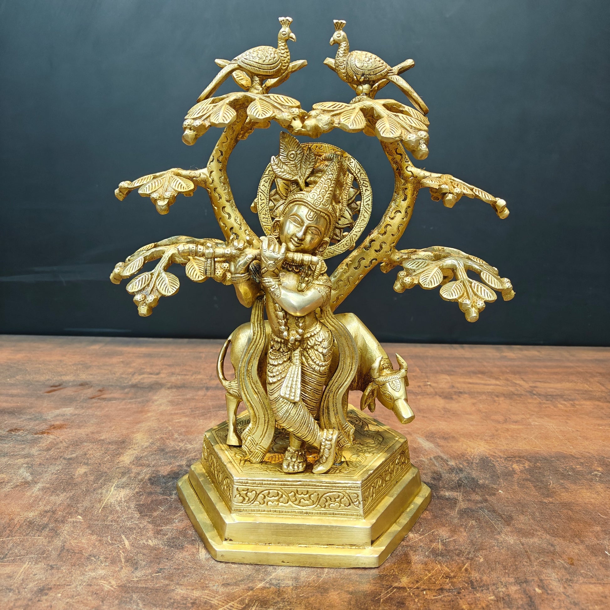 Brass Krishna Idol With Cow Under Kadamba Tree 14 Inch - Image 3