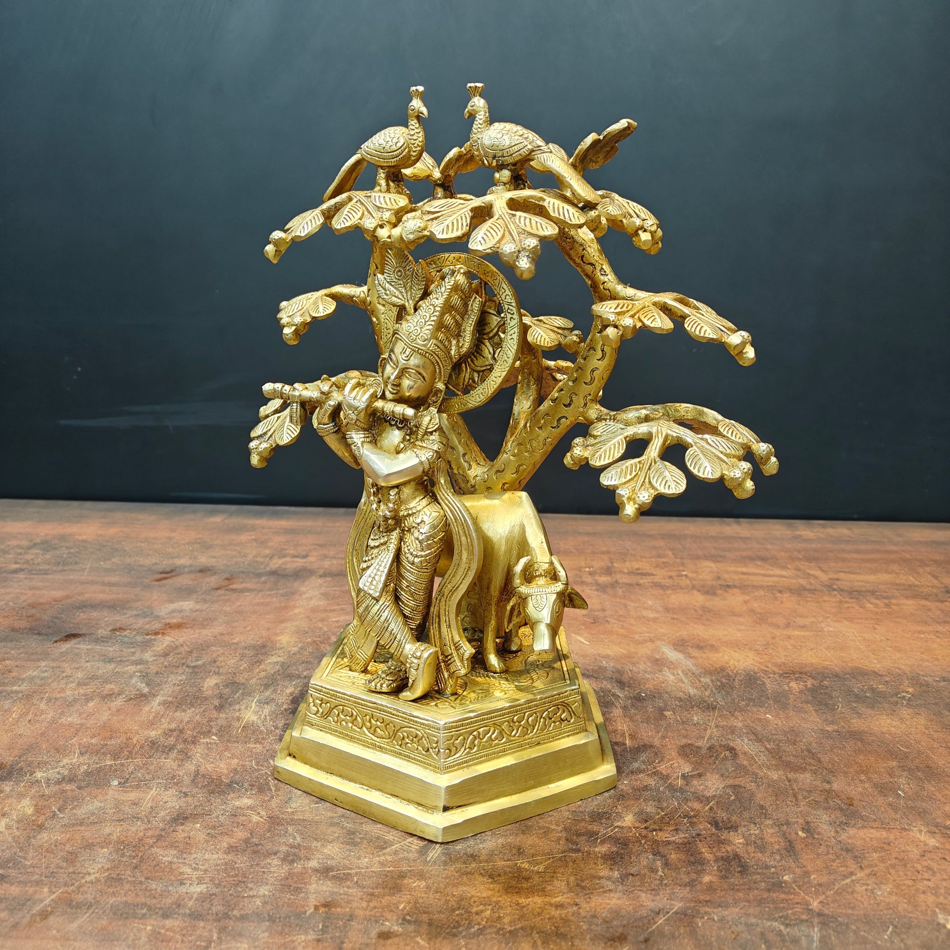 Brass Krishna Idol With Cow Under Kadamba Tree 14 Inch - Image 5