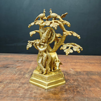 Brass Krishna Idol With Cow Under Kadamba Tree 14 Inch by vendor-unknown - Hindu Gods (View 5)