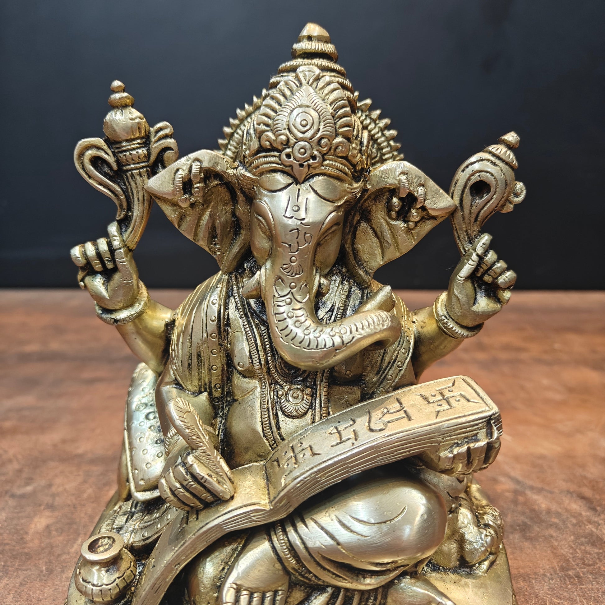Brass Lord Ganesha Statue Writing Mahabharata 8 Inch - Image 2
