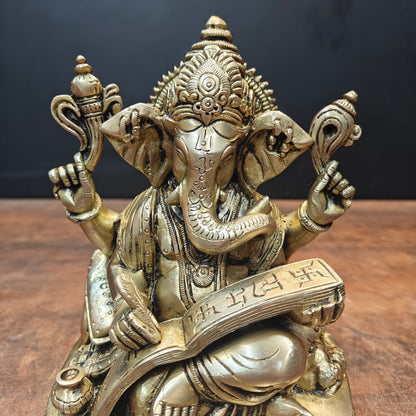 Brass Lord Ganesha Statue Writing Mahabharata 8 Inch by vendor-unknown - Hindu Gods (View 2)