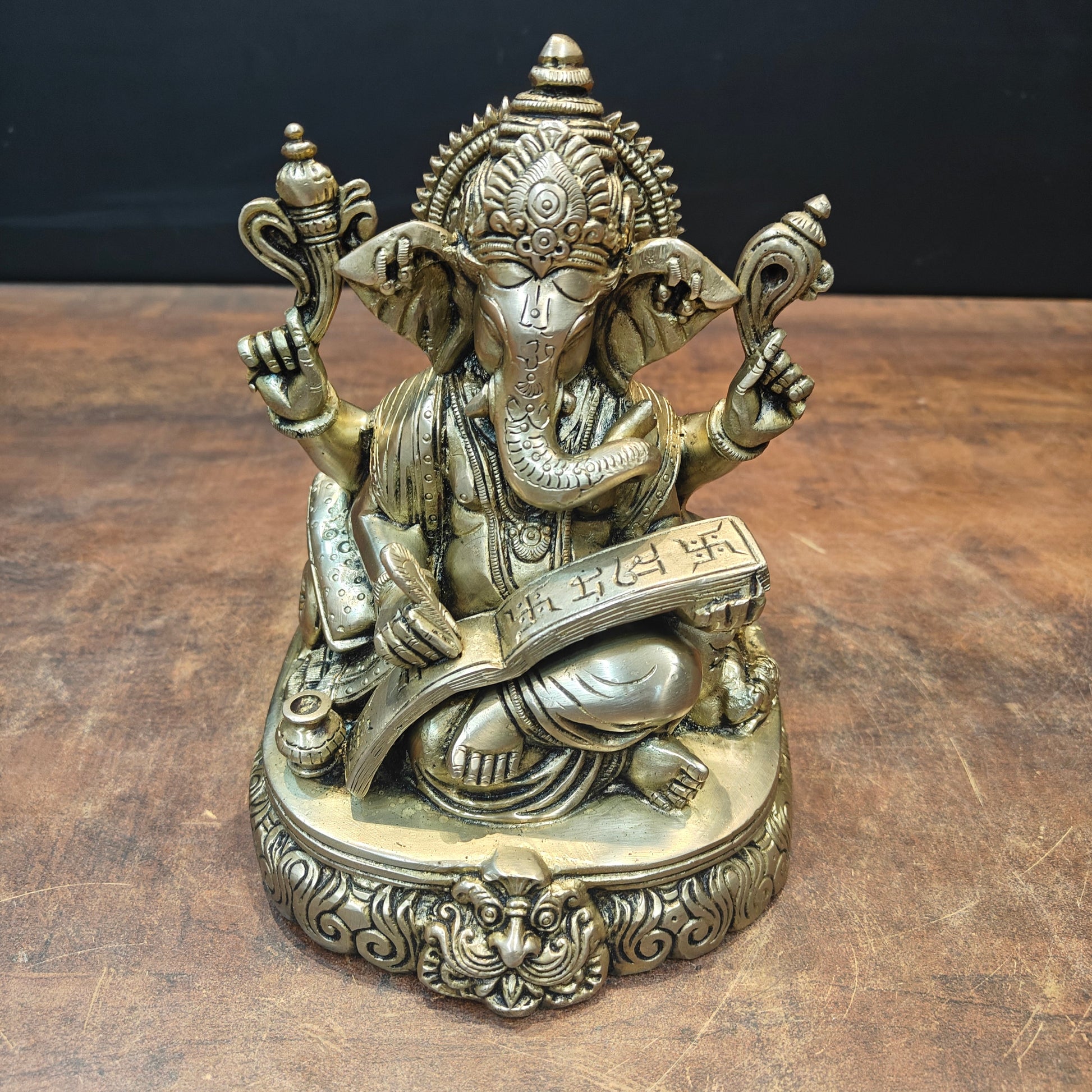 Brass Lord Ganesha Statue Writing Mahabharata 8 Inch - Image 3