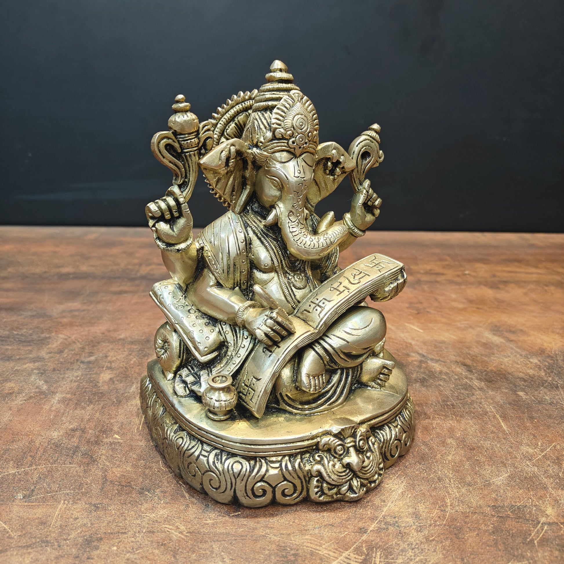 Brass Lord Ganesha Statue Writing Mahabharata 8 Inch - Image 4
