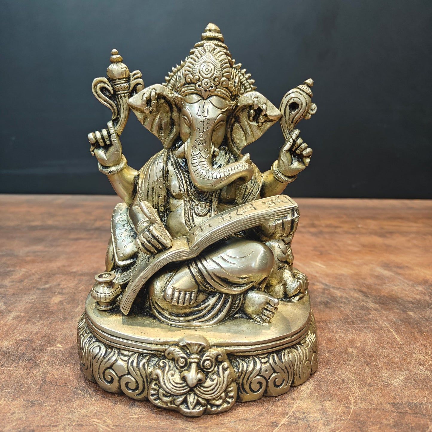Brass Lord Ganesha Statue Writing Mahabharata 8 Inch