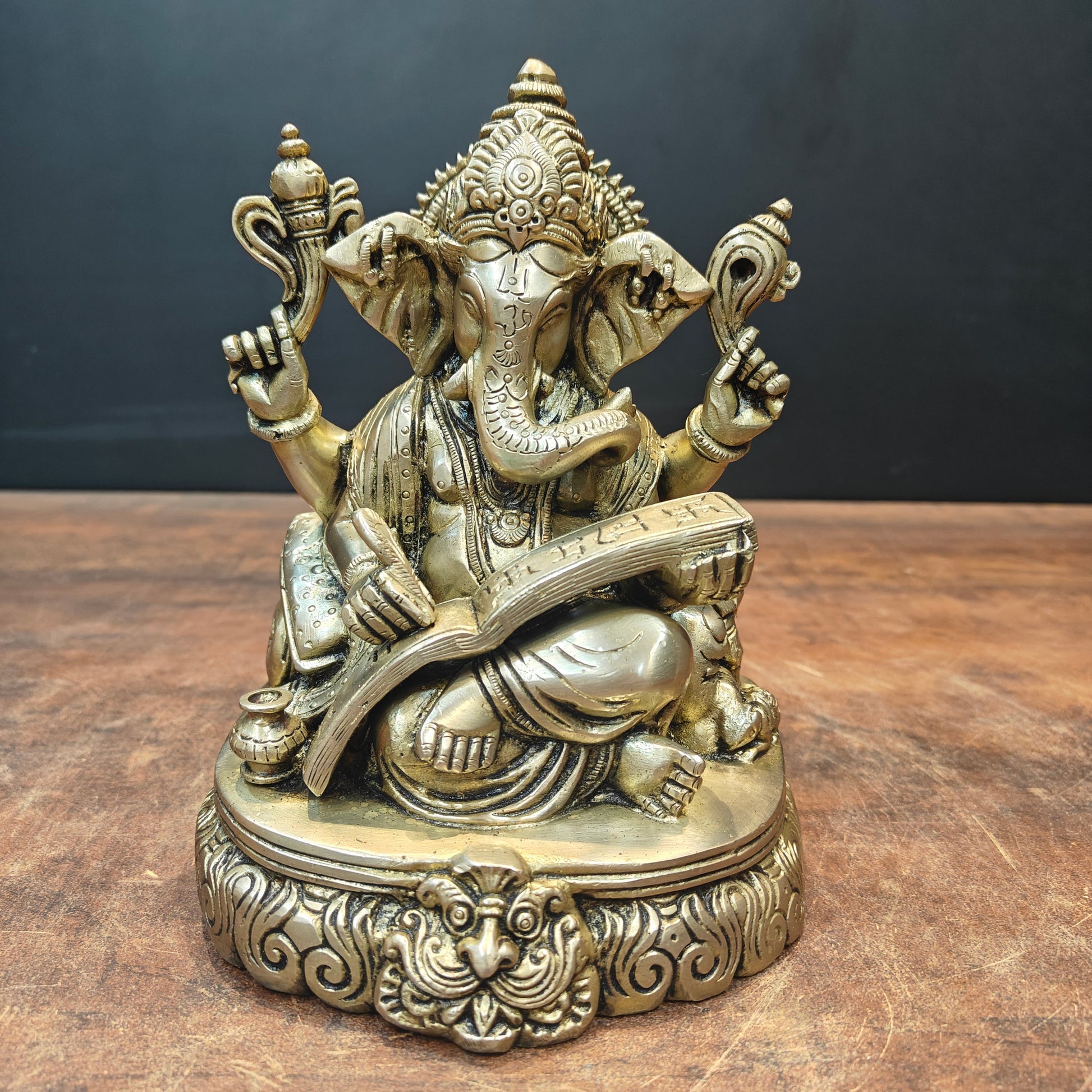 Brass Lord Ganesha Statue Writing Mahabharata 8 Inch - Image 5