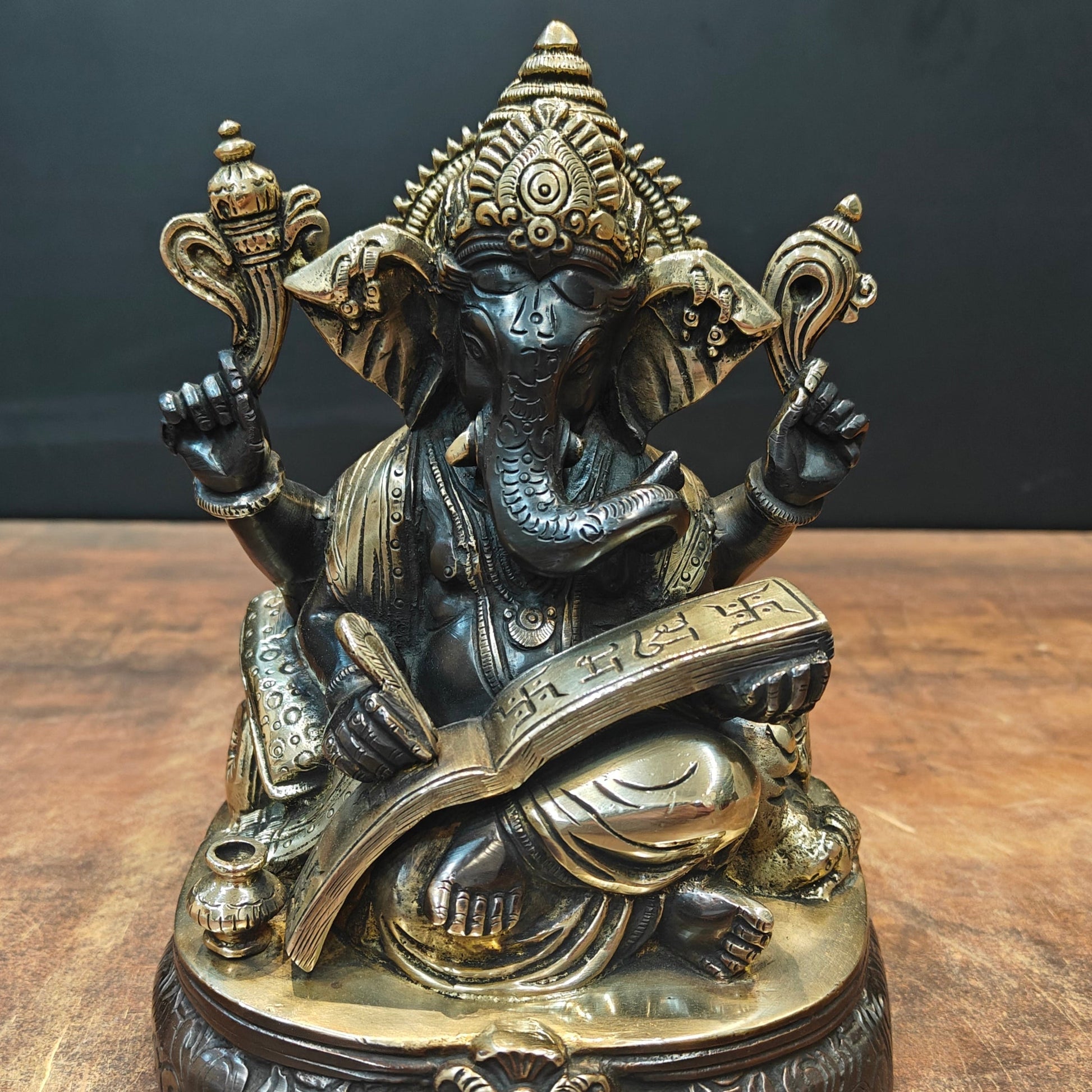 Brass Lord Ganesha Statue Writing Mahabharata Black Gold Finish 8 Inch - Image 2