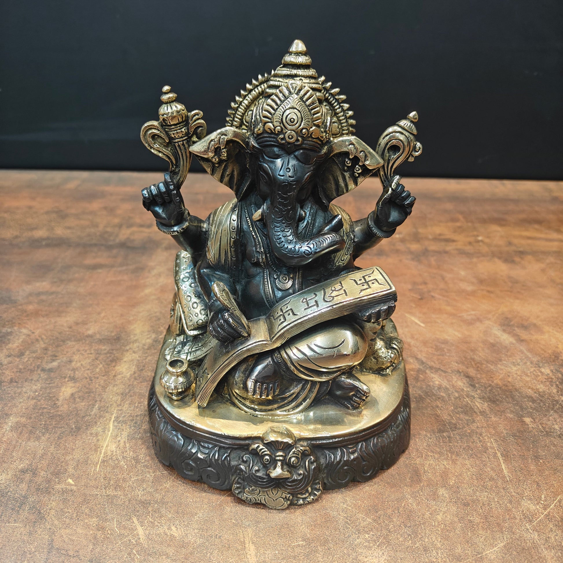Brass Lord Ganesha Statue Writing Mahabharata Black Gold Finish 8 Inch - Image 3