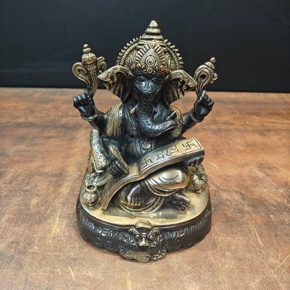 Brass Lord Ganesha Statue Writing Mahabharata Black Gold Finish 8 Inch by vendor-unknown - Hindu Gods (View 3)
