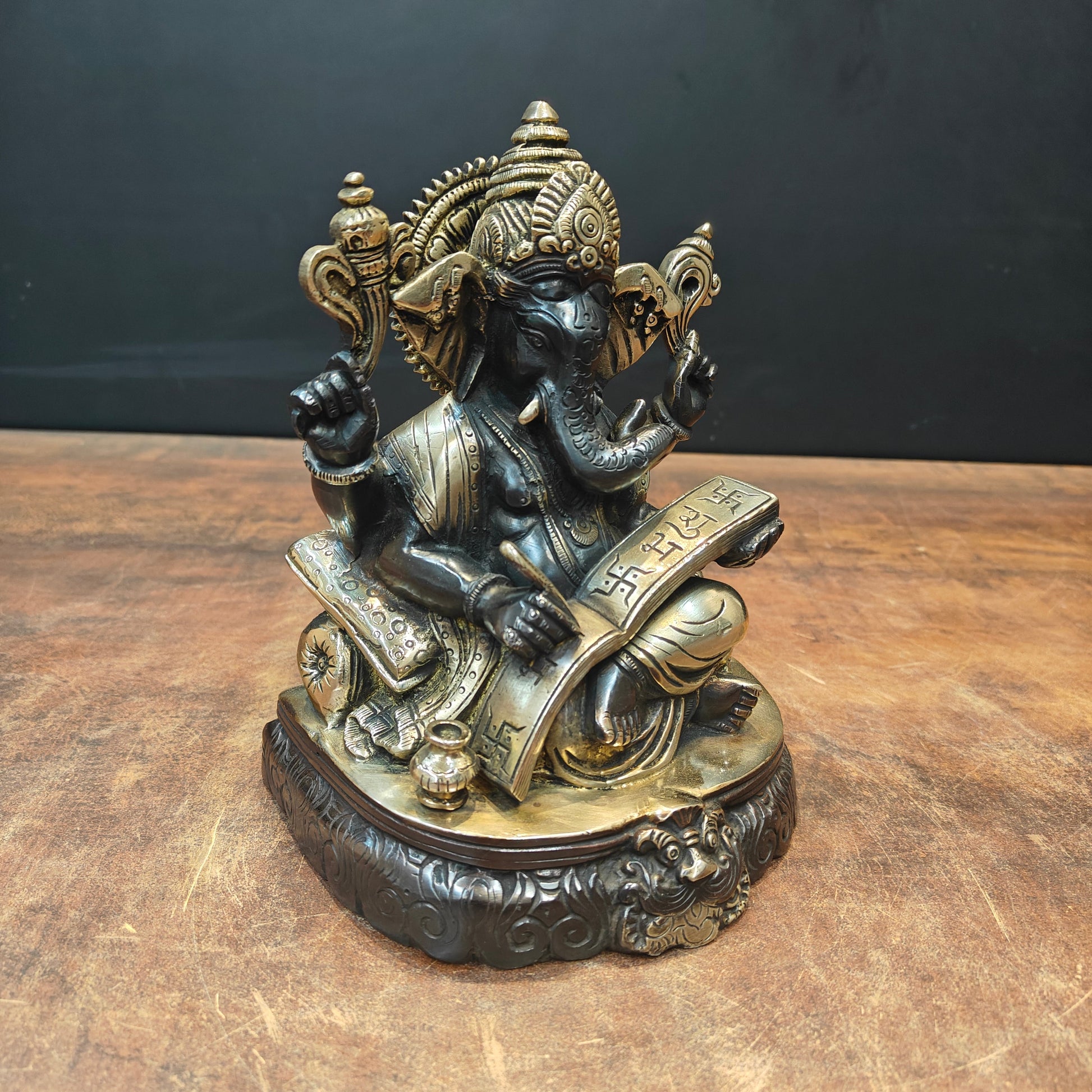 Brass Lord Ganesha Statue Writing Mahabharata Black Gold Finish 8 Inch - Image 4