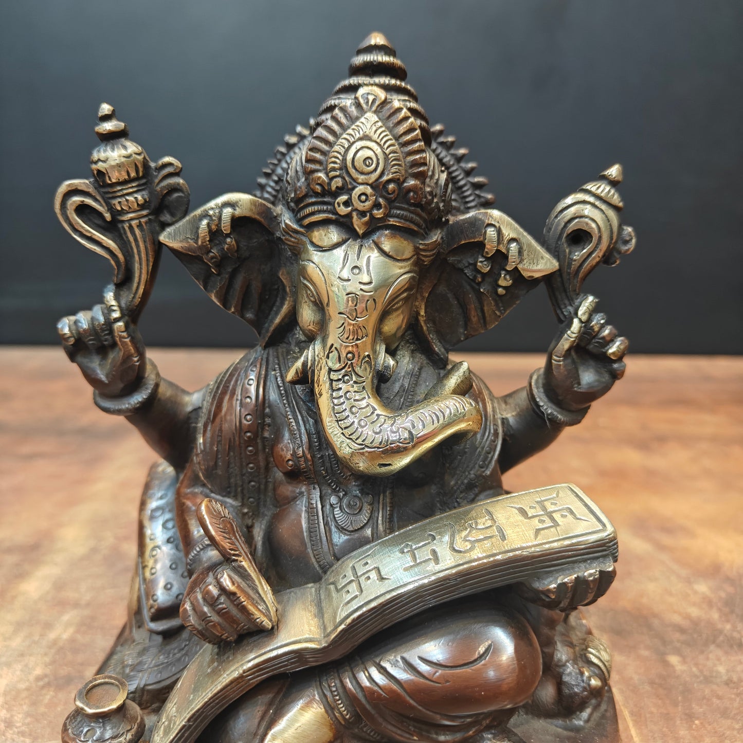 Brass Lord Ganesha Statue Writing Mahabharata Antique Finish 8 Inch