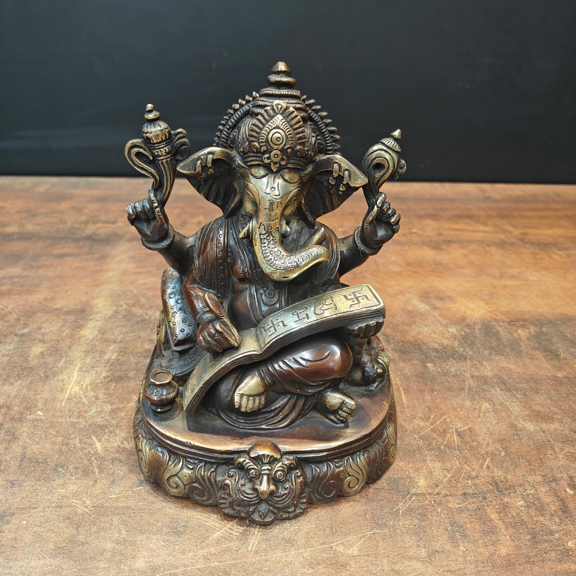 Brass Lord Ganesha Statue Writing Mahabharata Antique Finish 8 Inch - Image 3