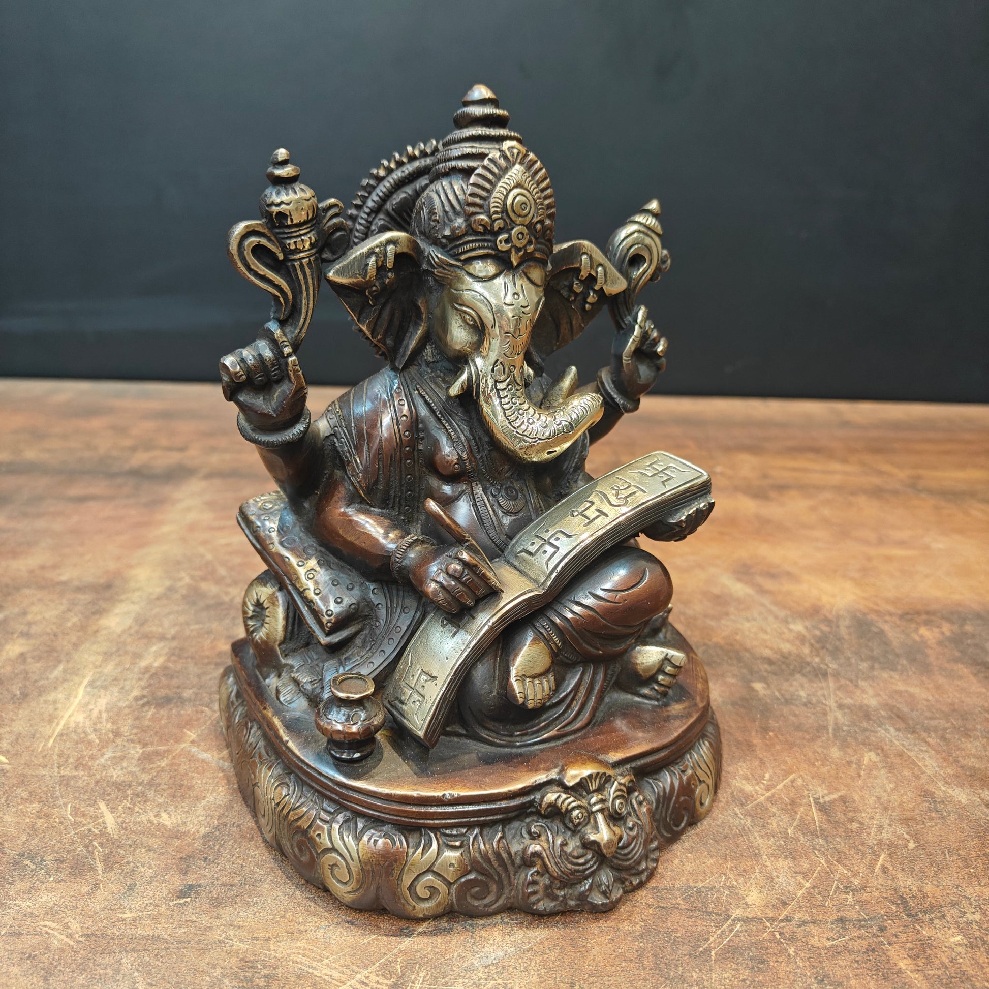 Brass Lord Ganesha Statue Writing Mahabharata Antique Finish 8 Inch - Image 4