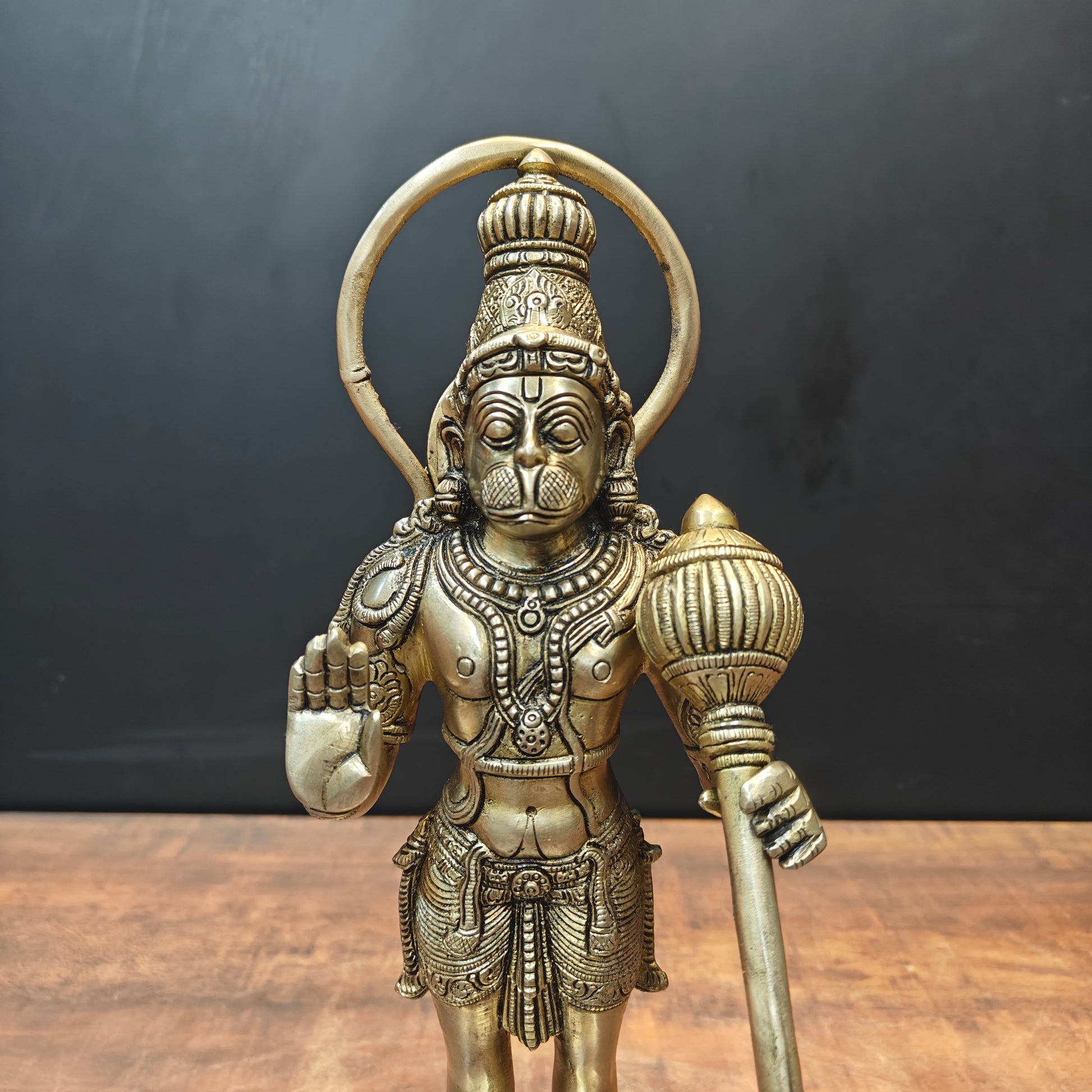 Brass Standing Hanuman Idol On Lotus Base Antique Finish 14 Inch - Image 2