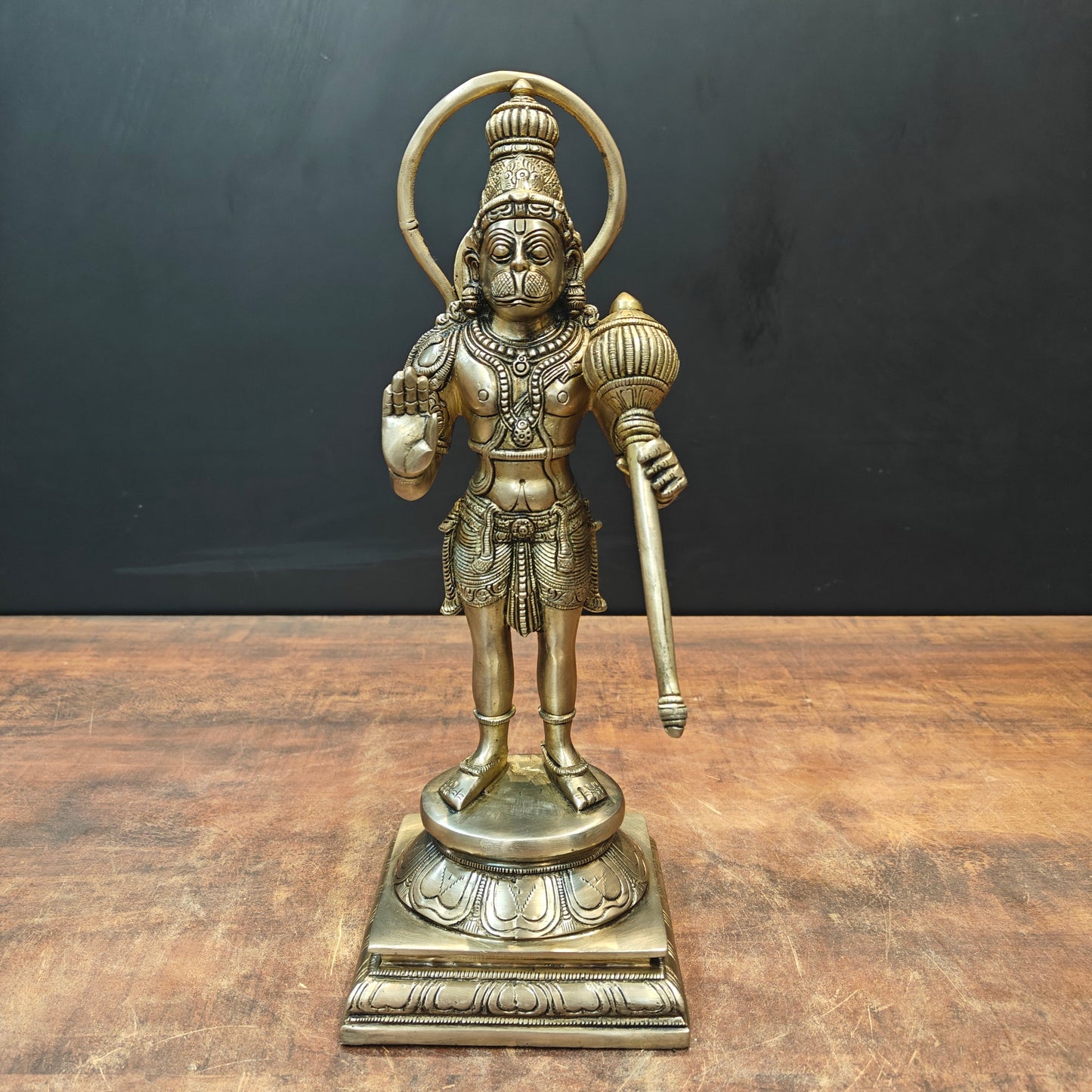 Brass Standing Hanuman Idol On Lotus Base Antique Finish 14 Inch