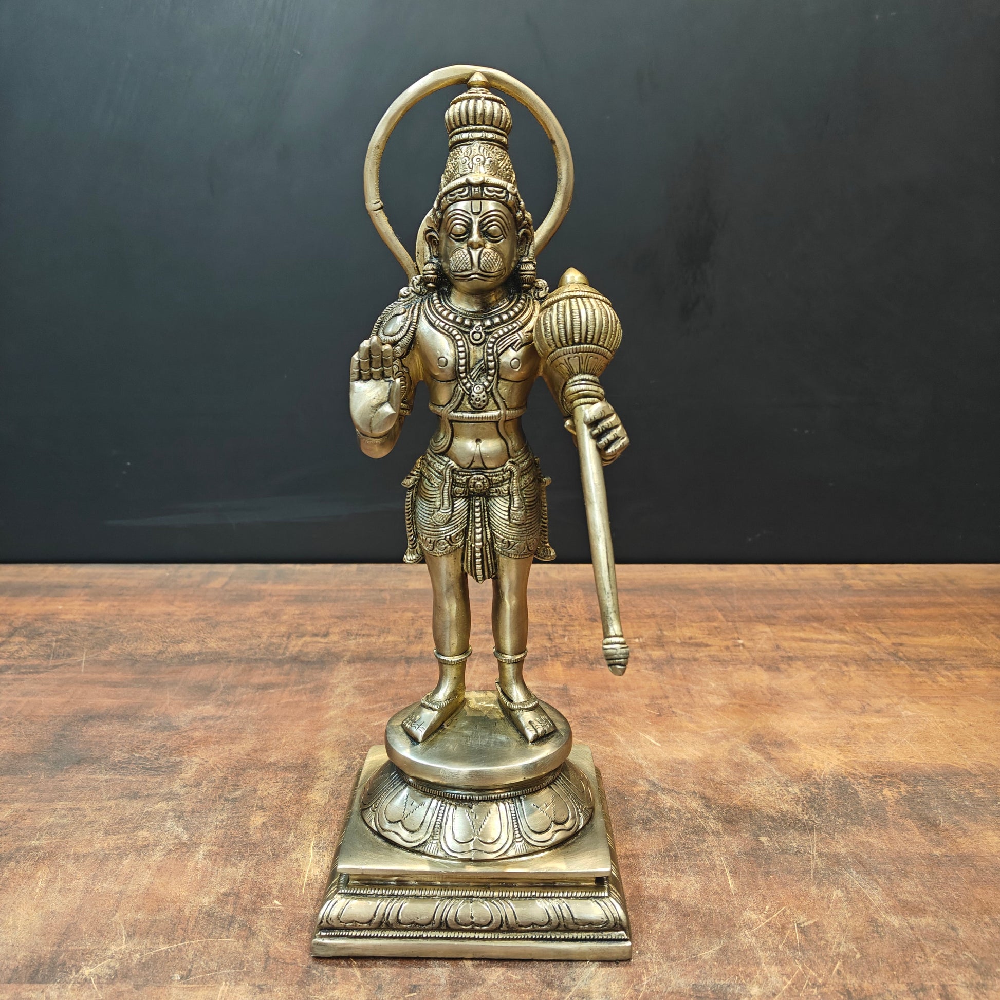 Brass Standing Hanuman Idol On Lotus Base Antique Finish 14 Inch - Image 3