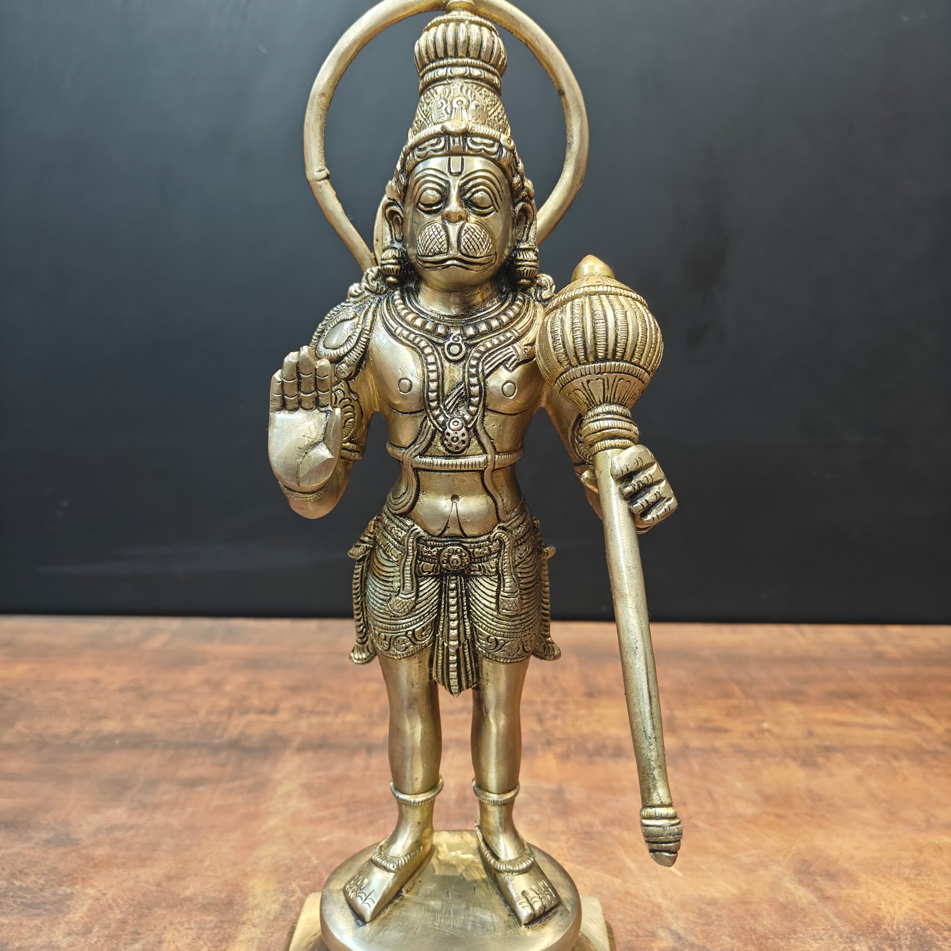 Brass Standing Hanuman Idol On Lotus Base Antique Finish 14 Inch - Image 4