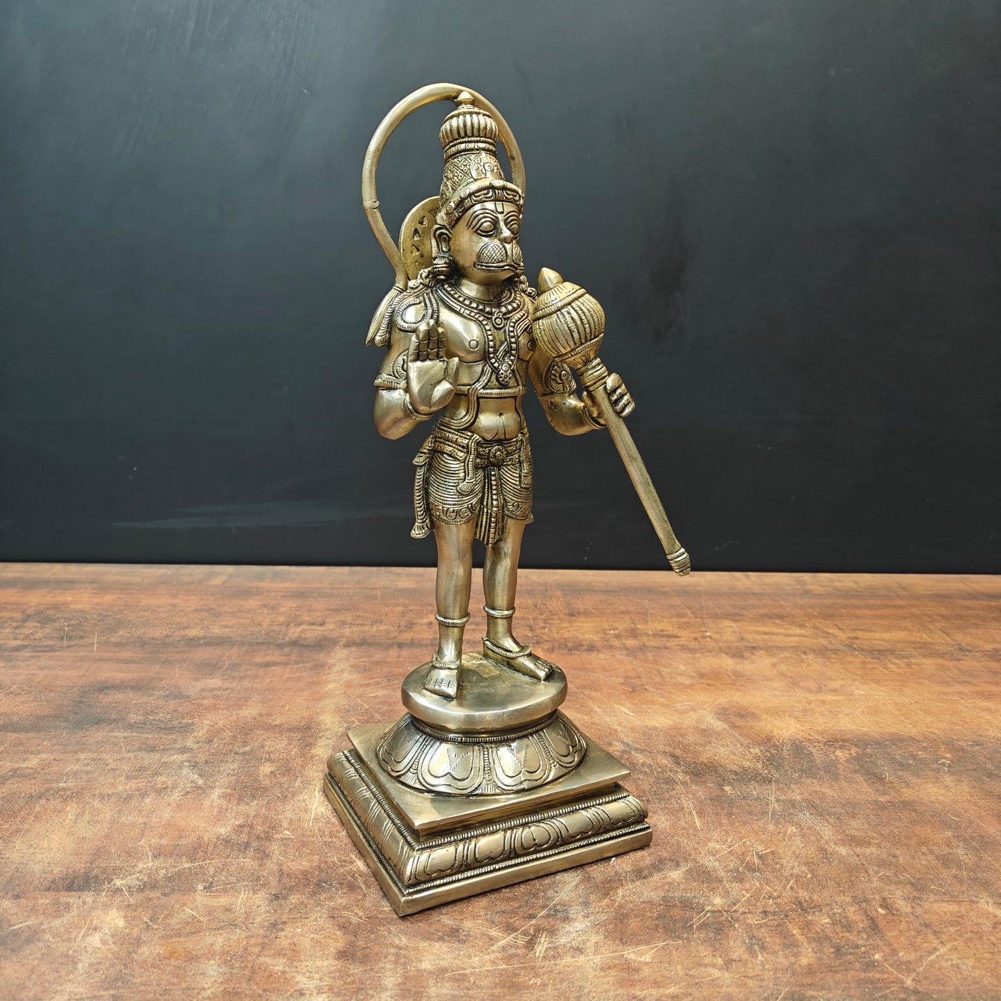 Brass Standing Hanuman Idol On Lotus Base Antique Finish 14 Inch