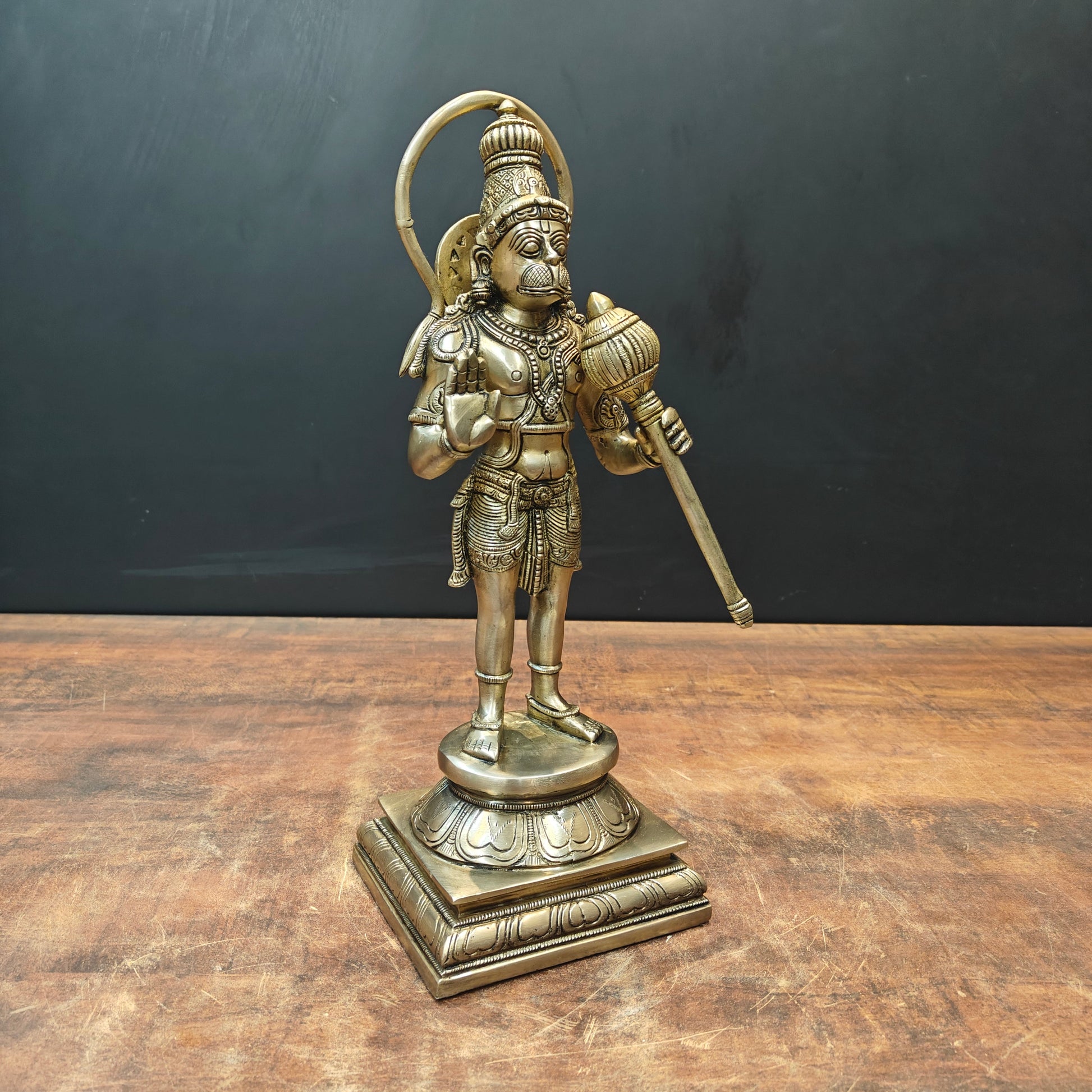 Brass Standing Hanuman Idol On Lotus Base Antique Finish 14 Inch - Image 5