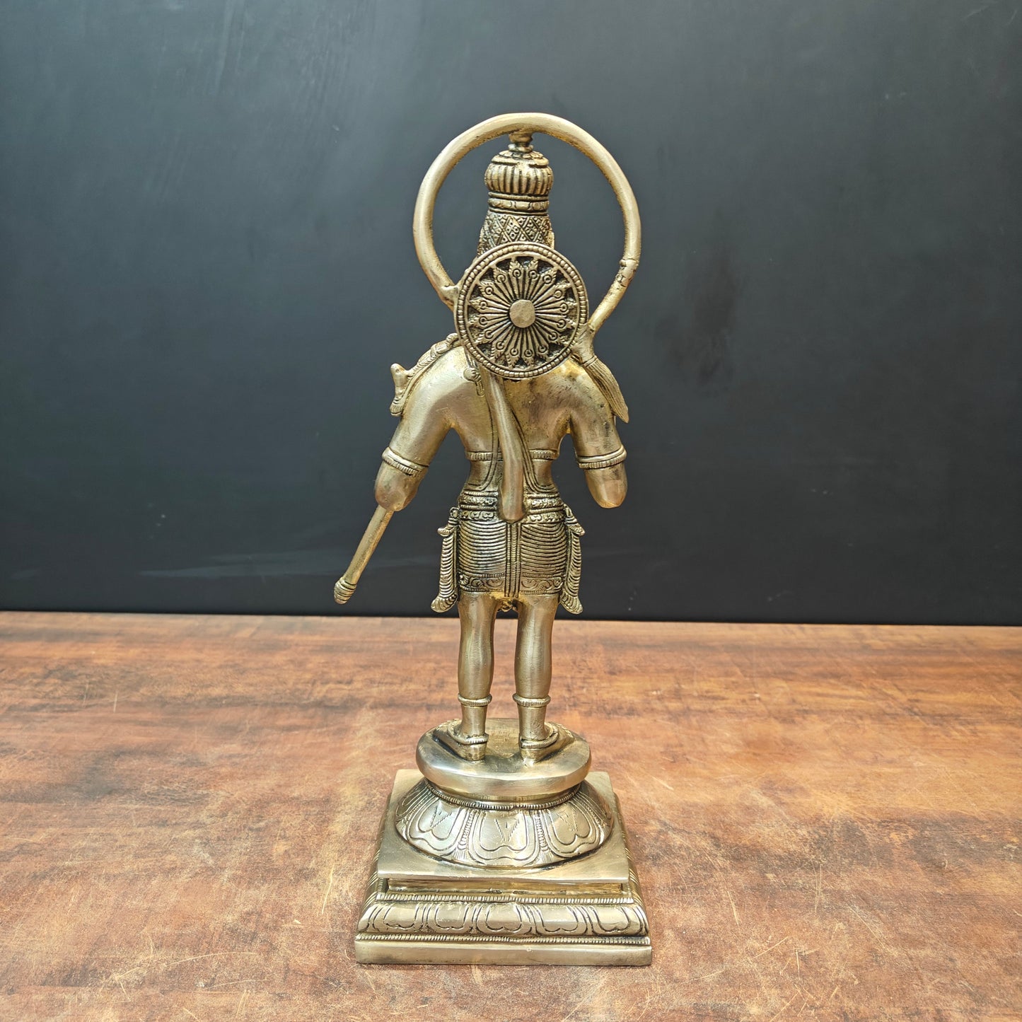 Brass Standing Hanuman Idol On Lotus Base Antique Finish 14 Inch
