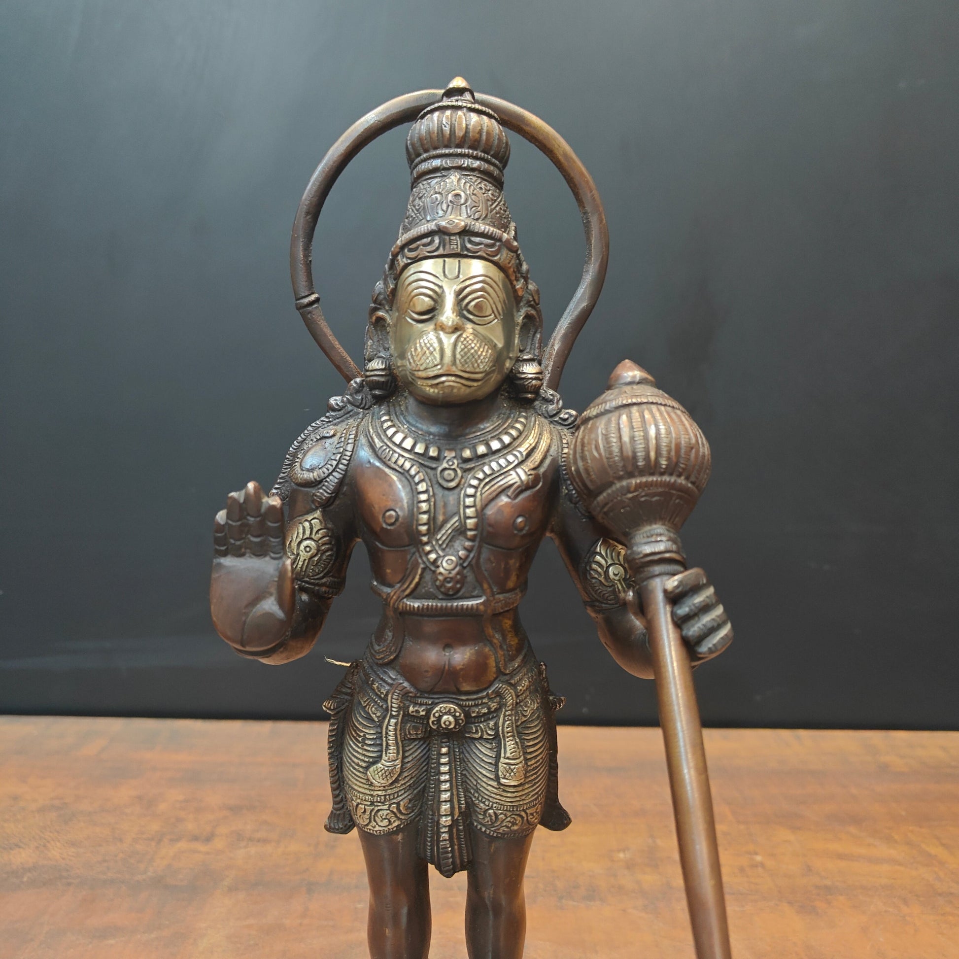 Brass Standing Hanuman Statue Brown Gold Finish 14 Inch - Image 2