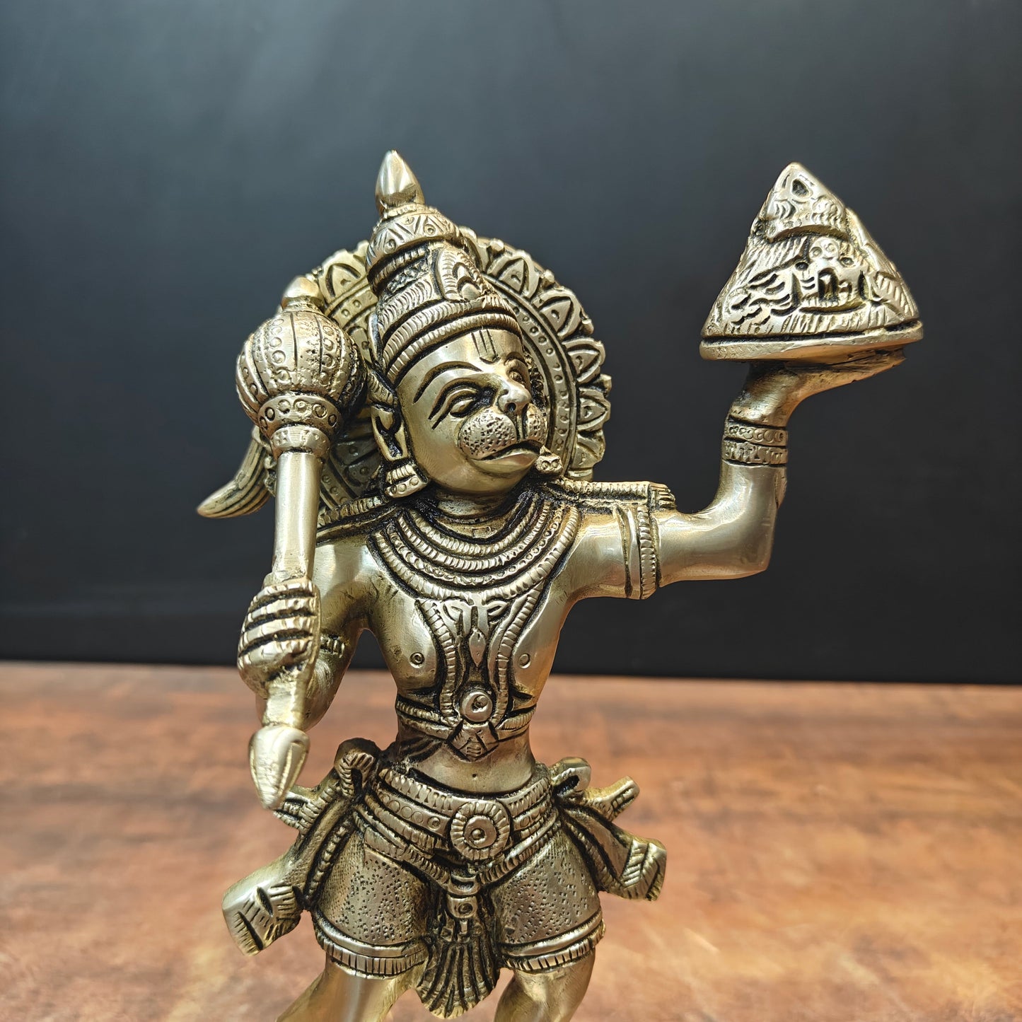 Brass Hanuman Idol Carrying Mountain 10 Inch