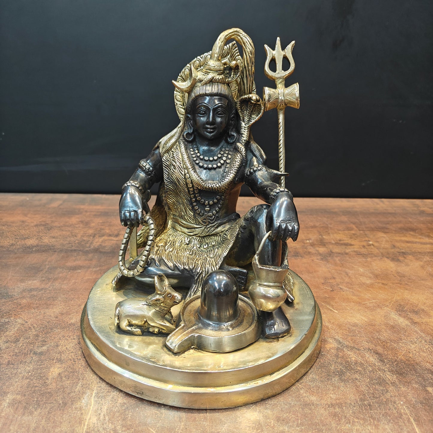 Brass Lord Shiva Idol With Nandi & Shiv Ling Black Gold Finish 9 Inch