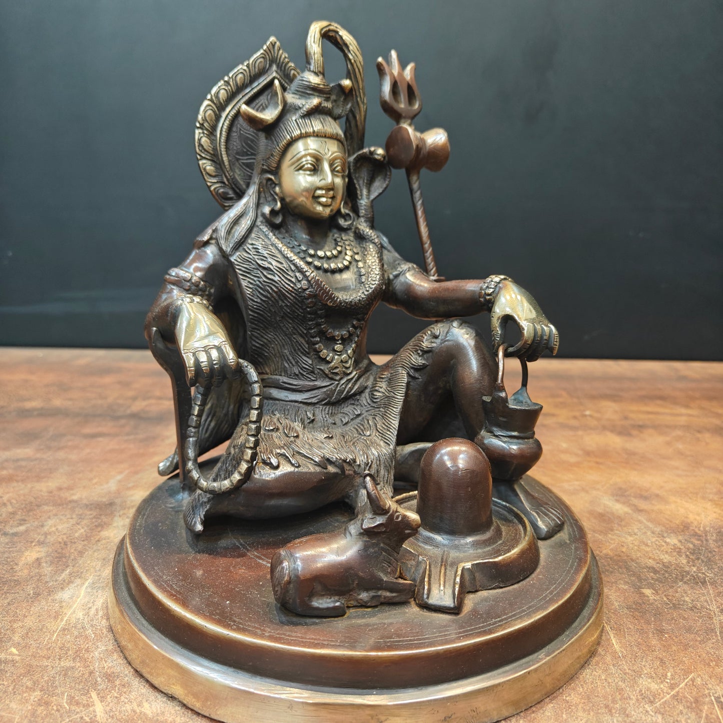 Brass Lord Shiva Statue With Nandi & Shiv Ling Brown Gold Finish 9 Inch