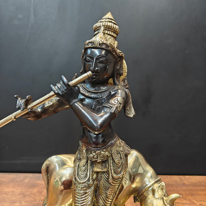 Brass Krishna Statue With Cow Black Gold Finish 1.5 Feet by vendor-unknown - Hindu Gods (View 2)