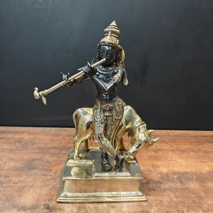 Brass Krishna Statue With Cow Black Gold Finish 1.5 Feet by vendor-unknown - Hindu Gods (View 3)