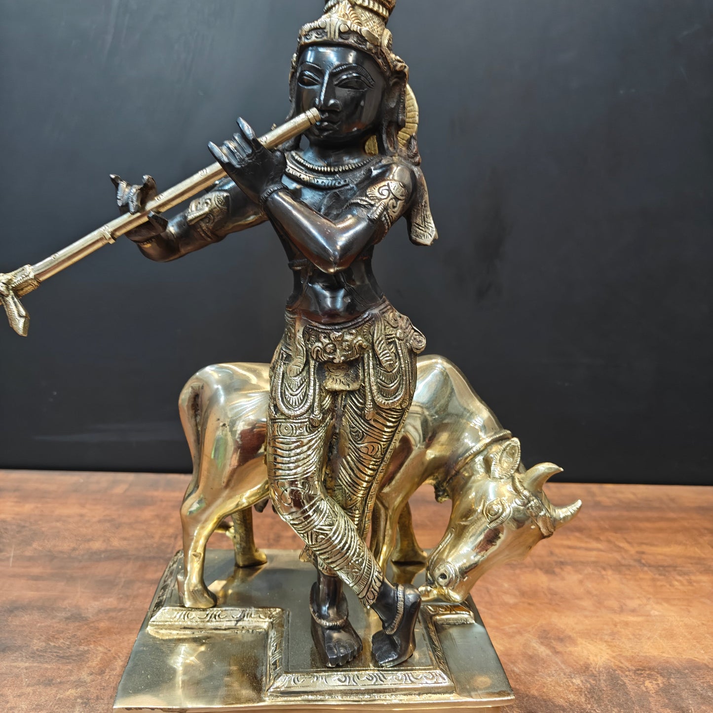 Brass Krishna Statue With Cow Black Gold Finish 1.5 Feet