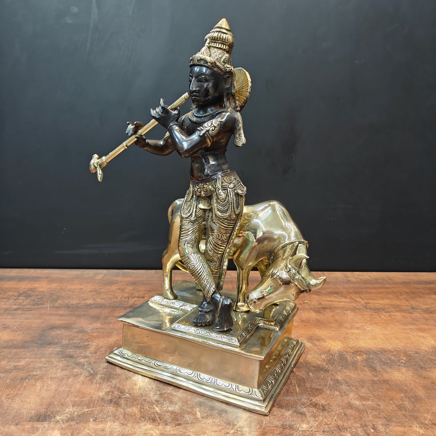 Brass Krishna Statue With Cow Black Gold Finish 1.5 Feet