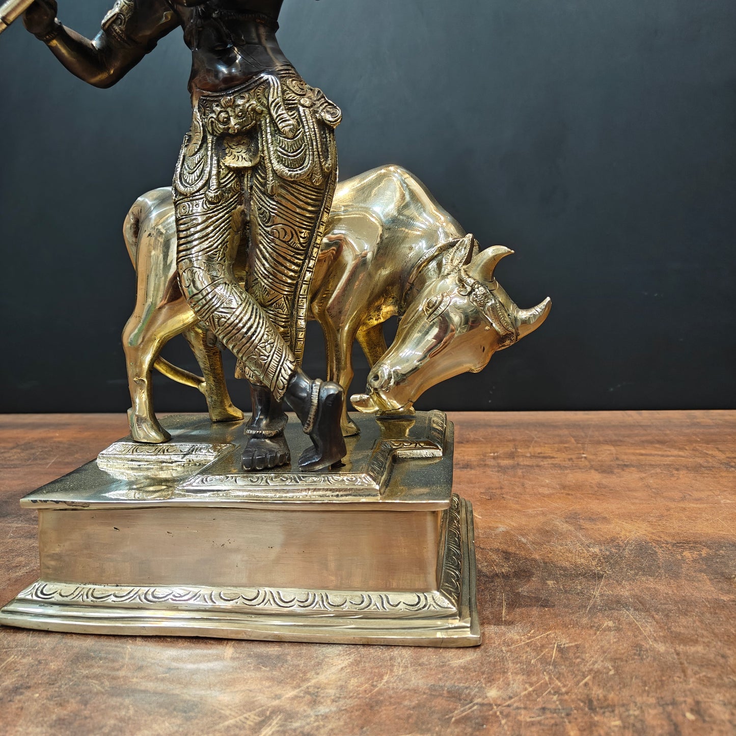 Brass Krishna Statue With Cow Black Gold Finish 1.5 Feet
