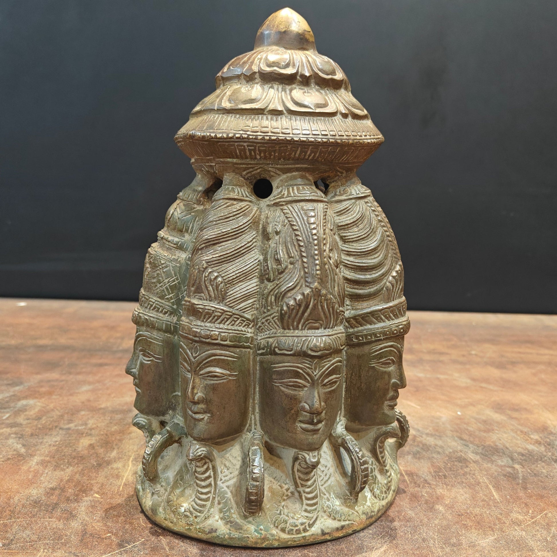 Brass Ten Faced Mukhalingam Idol Green Patina Finish 10 Inch - Image 2