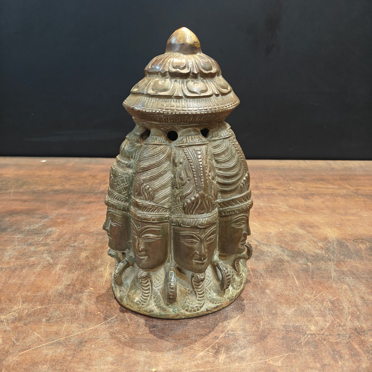 Brass Ten Faced Mukhalingam Idol Green Patina Finish 10 Inch