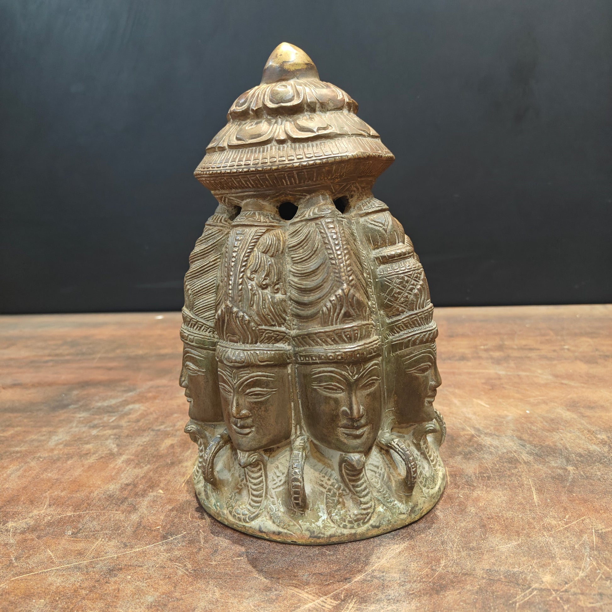 Brass Ten Faced Mukhalingam Idol Green Patina Finish 10 Inch - Image 5