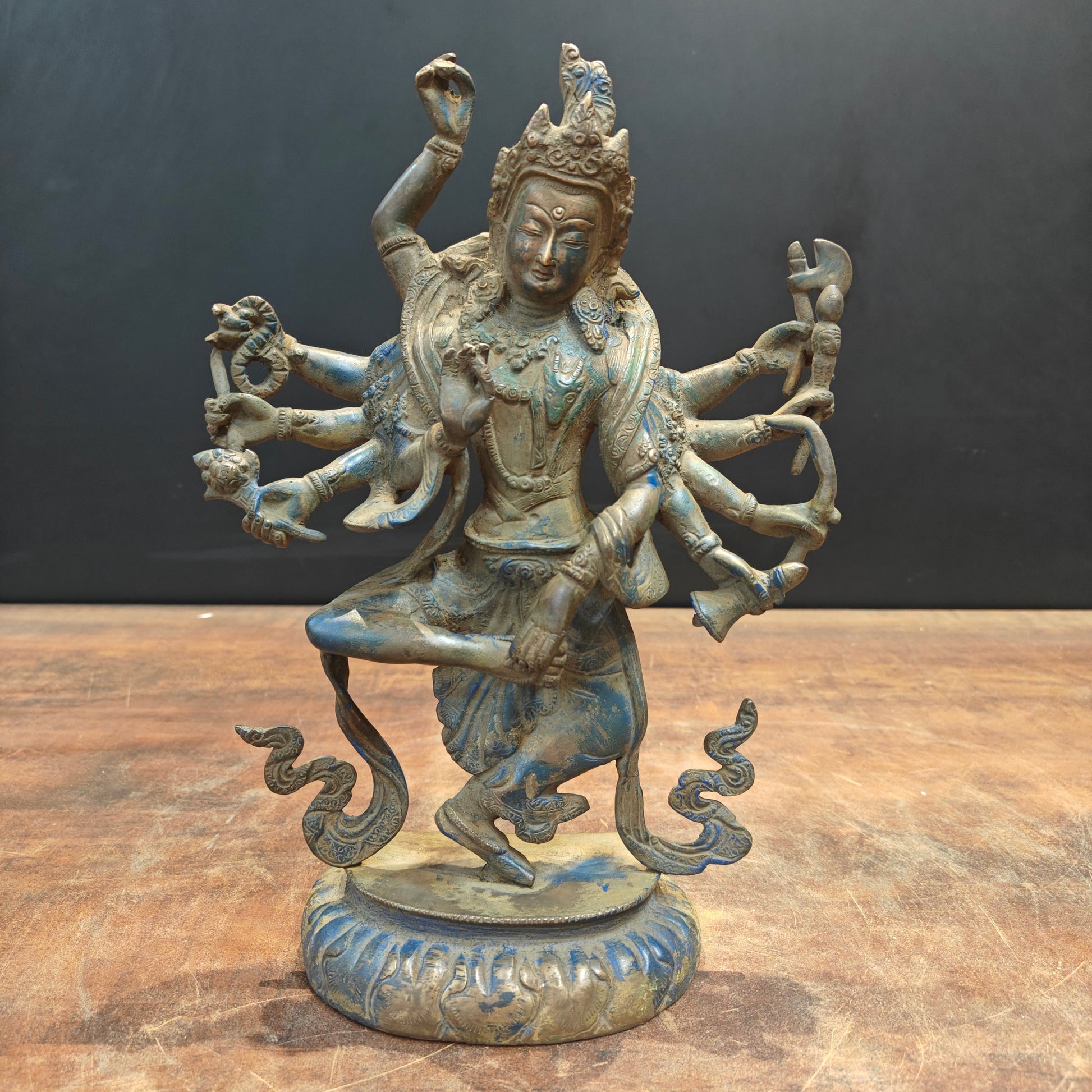 Brass Standing Buddhism Goddess Manjushri Green Patina Finish 12 Inch - Image 3