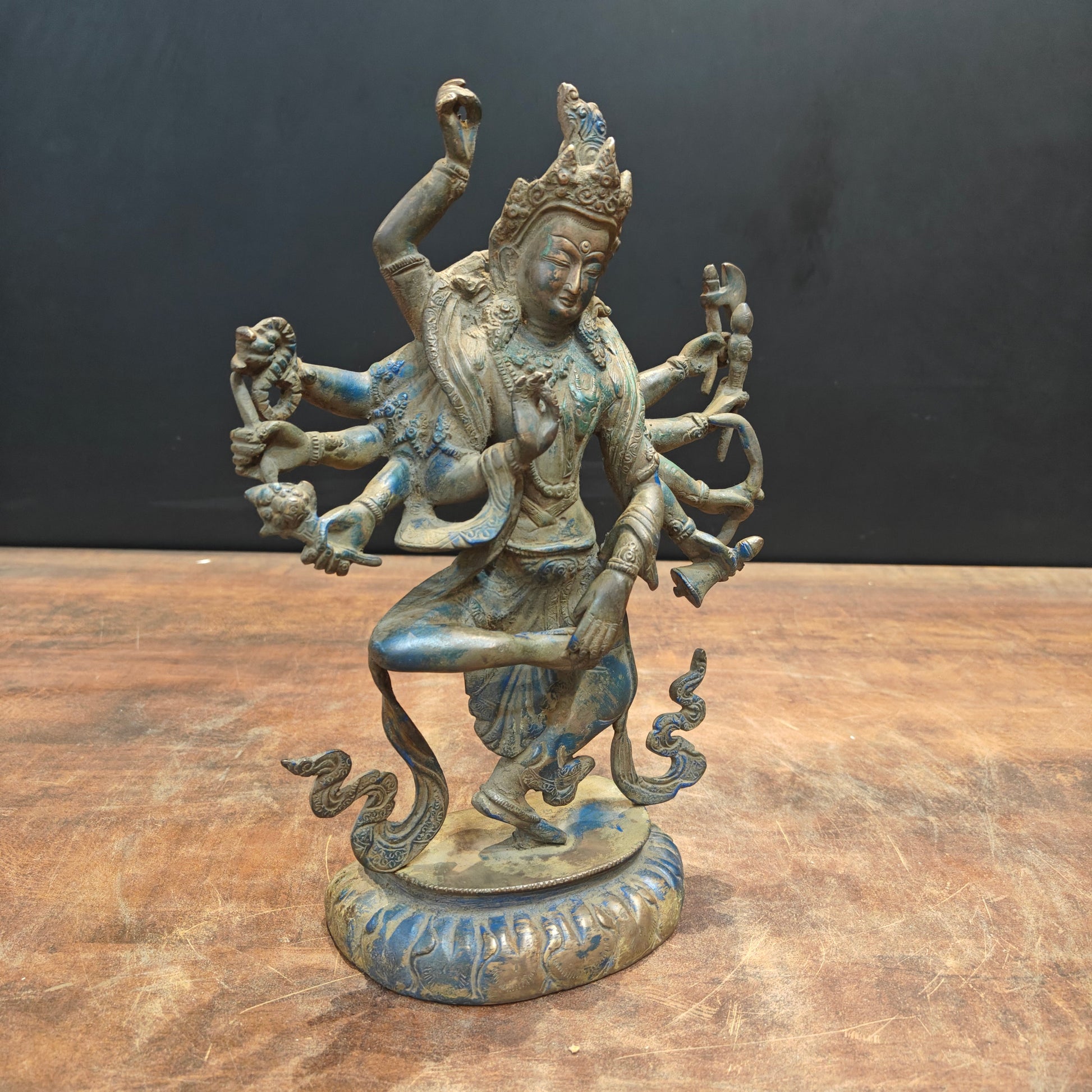 Brass Standing Buddhism Goddess Manjushri Green Patina Finish 12 Inch - Image 4