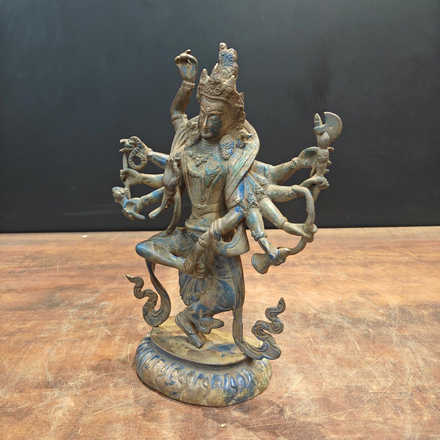 Brass Standing Buddhism Goddess Manjushri Green Patina Finish 12 Inch