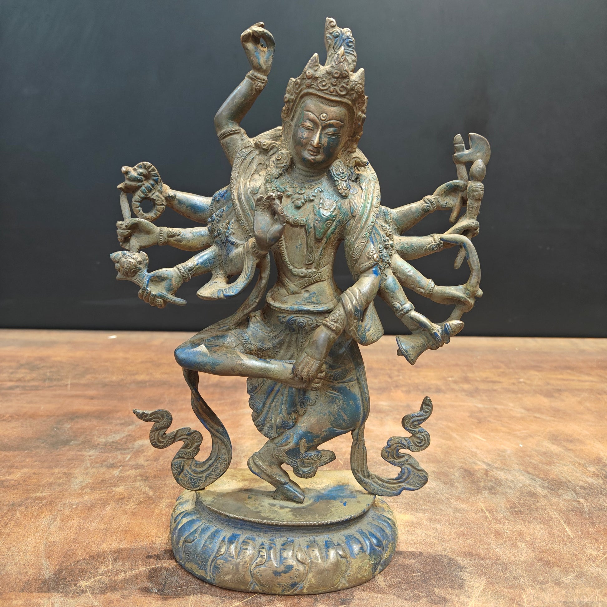 Brass Standing Buddhism Goddess Manjushri Green Patina Finish 12 Inch - Image 6