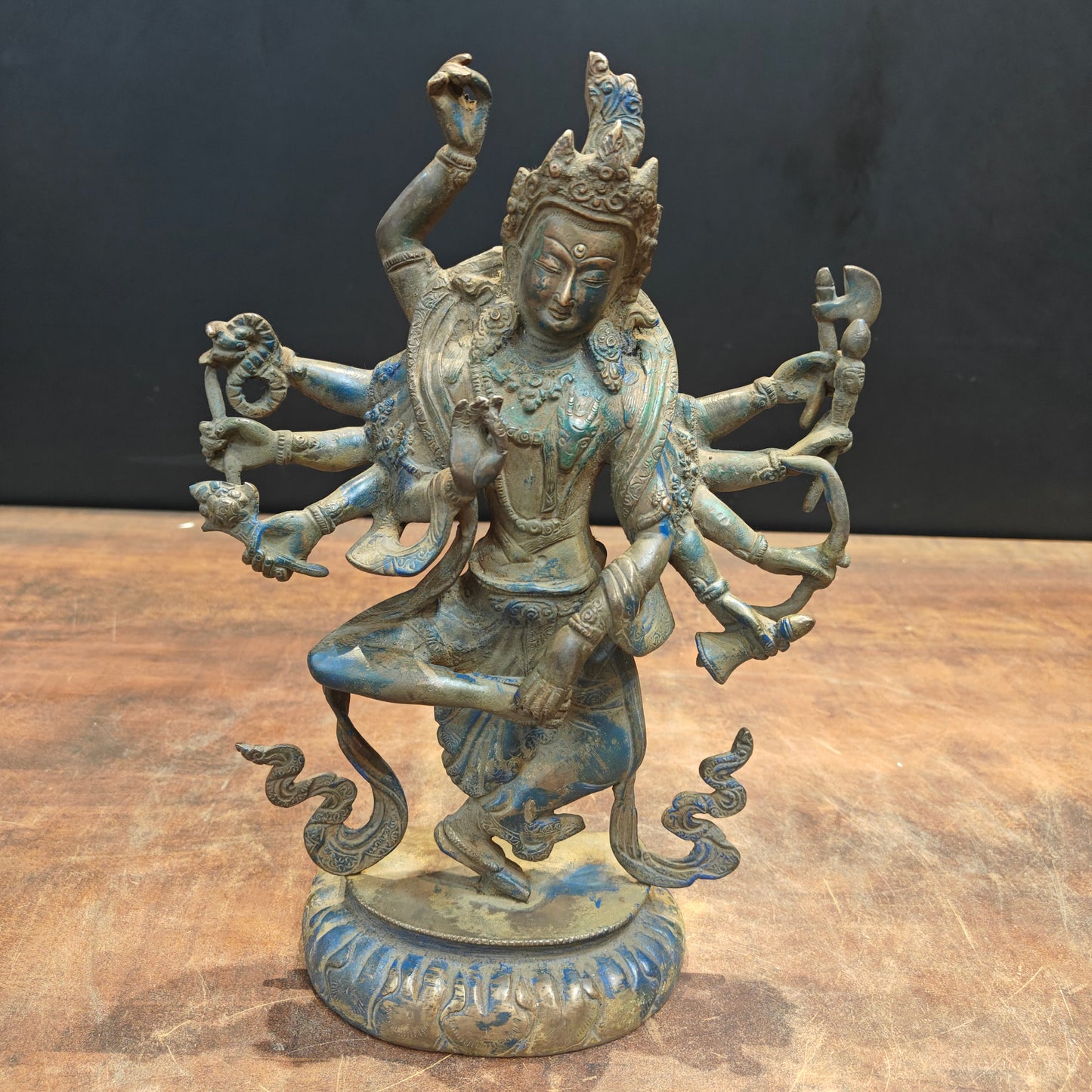 Brass Standing Buddhism Goddess Manjushri Green Patina Finish 12 Inch