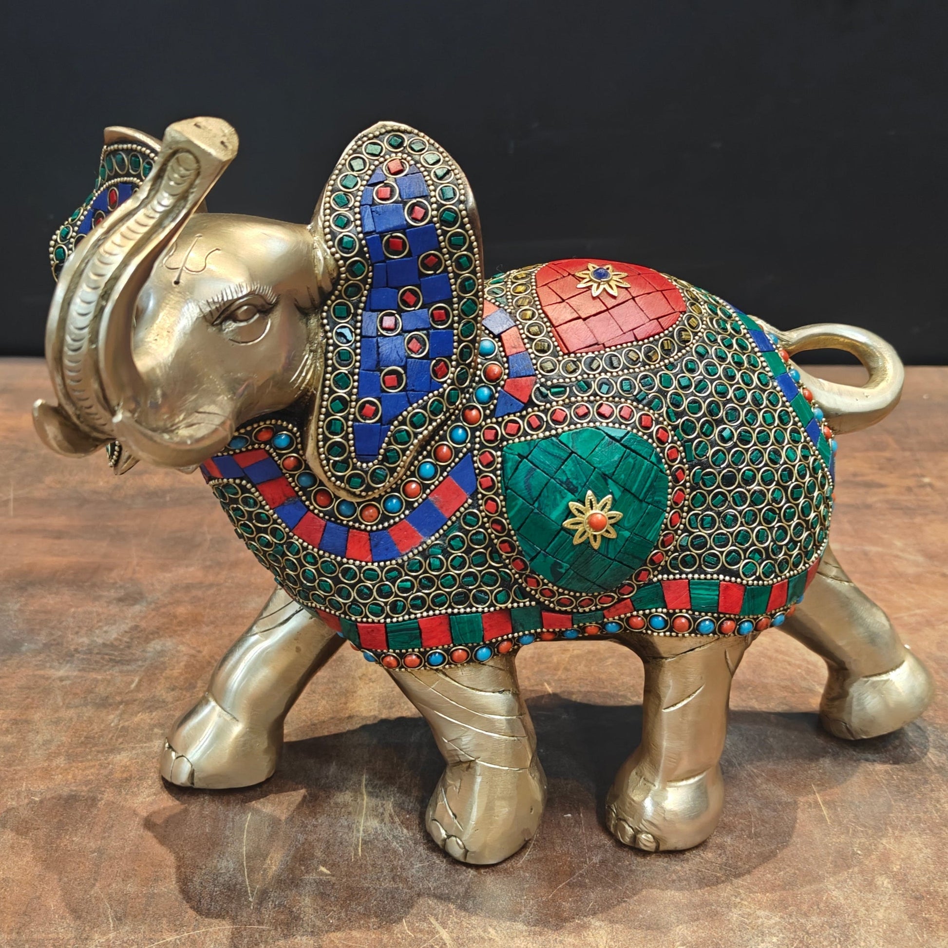 Brass Elephant Statue Stone Work With Upraised Trunk 11 Inch - Image 2